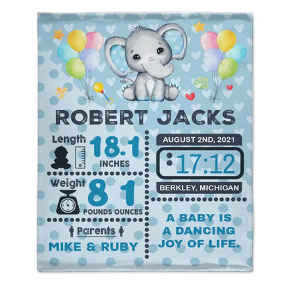Personalized Baby Birth Stats Elephant Blanket for Boys Girls