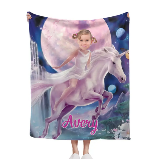 Personalized Pink Dress Princess Ride Unicorn Blanket