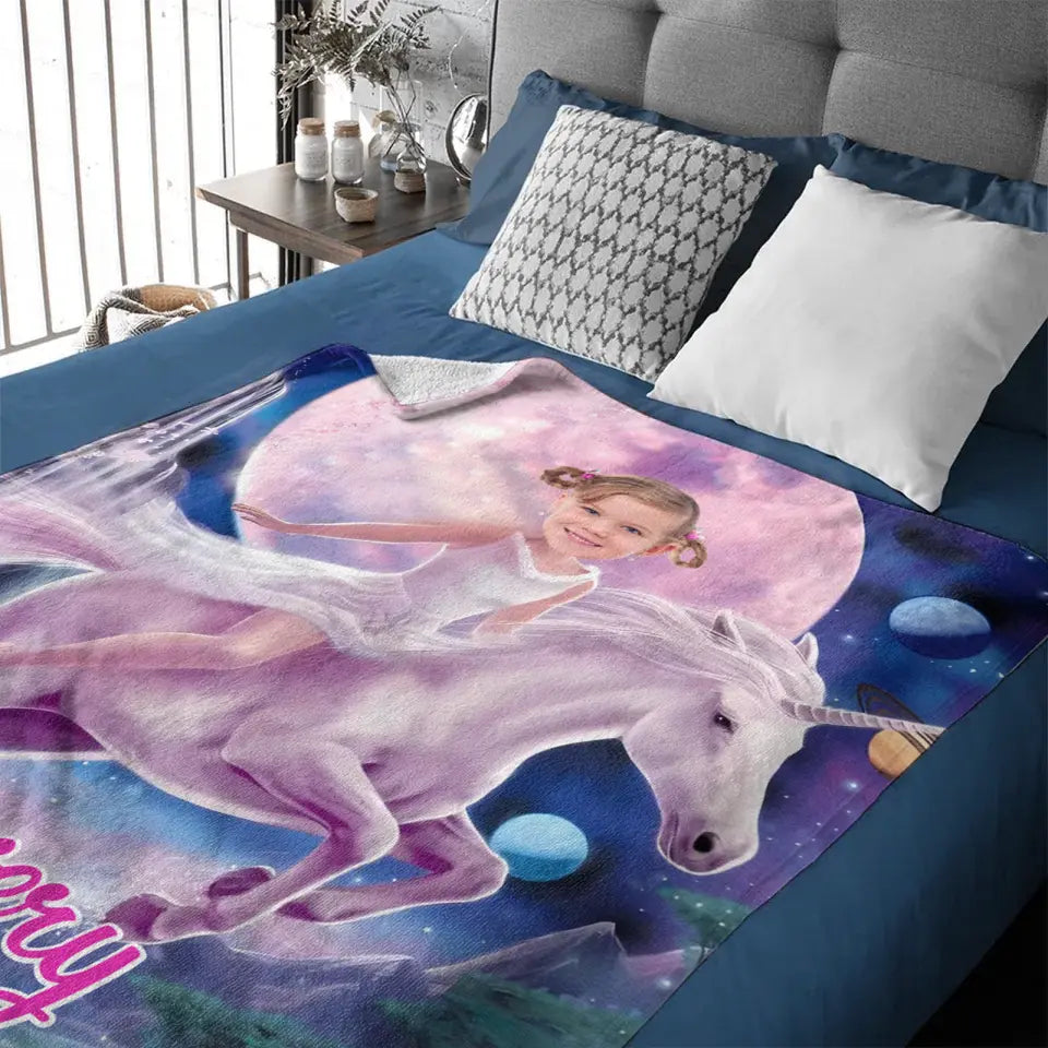 Personalized Pink Dress Princess Ride Unicorn Blanket