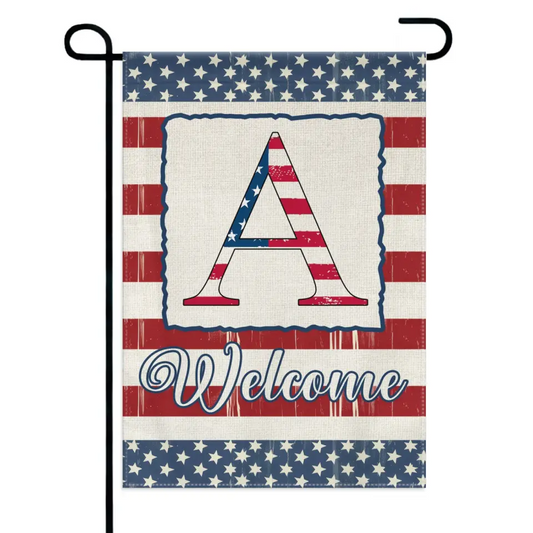 Family Last Name Initial Garden Flag - 4th of July Patrioctics, Double Sided