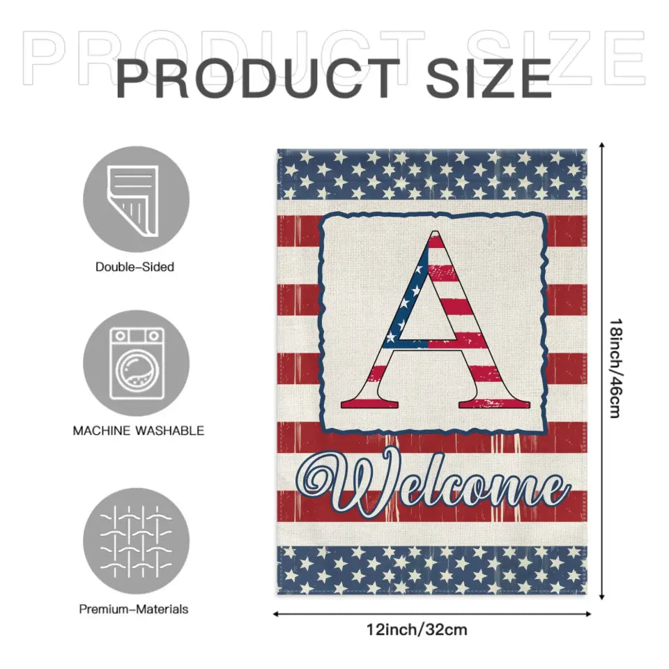 Family Last Name Initial Garden Flag - 4th of July Patrioctics, Double Sided