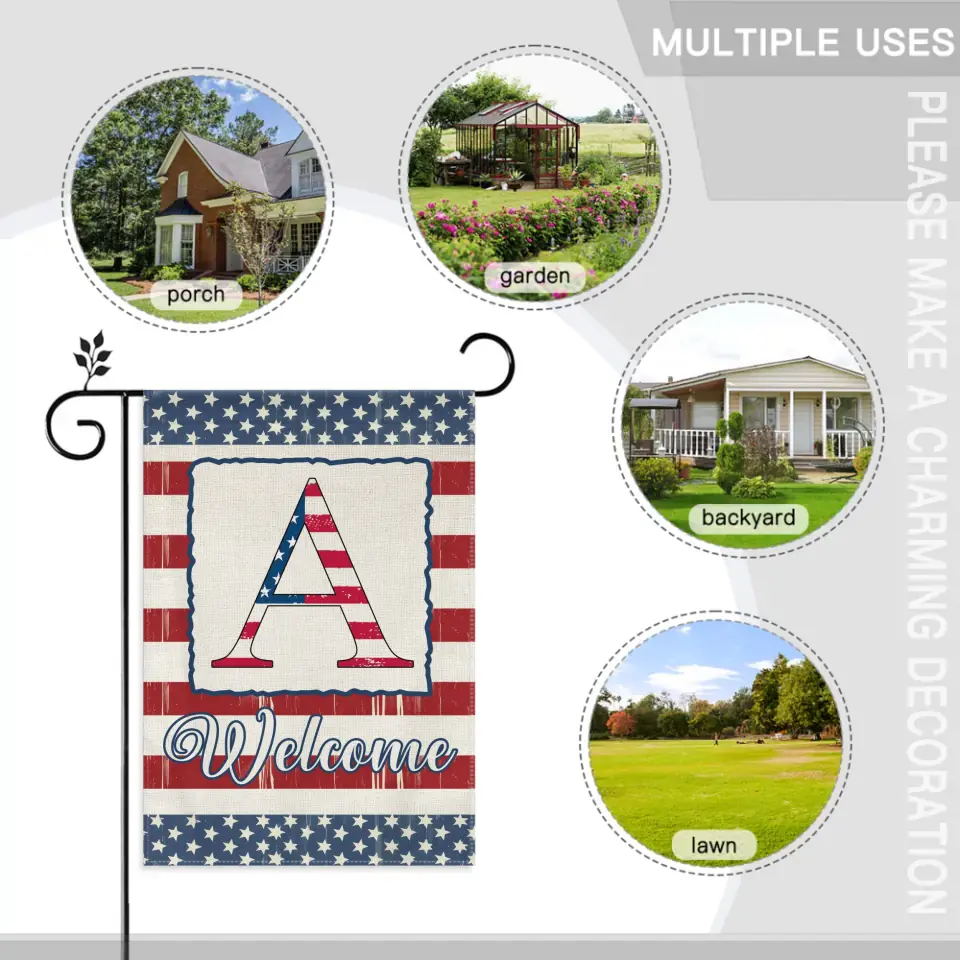 Family Last Name Initial Garden Flag - 4th of July Patrioctics, Double Sided