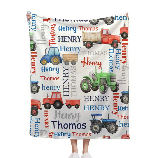 Name Customized Farm Tractor Kids Blanket - New Baby Gift