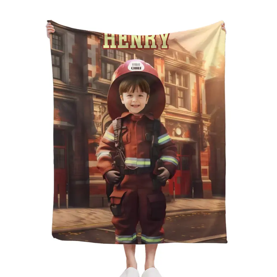 Custom Kids Gift Blanket With Photo Name, Personalized Firefighter Boy Blanket, Custom Boy Firefighter Gifts