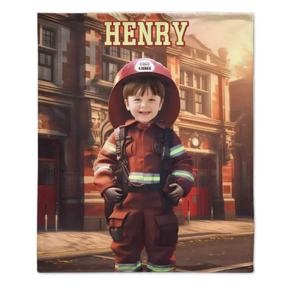 Custom Kids Gift Blanket With Photo Name, Personalized Firefighter Boy Blanket, Custom Boy Firefighter Gifts