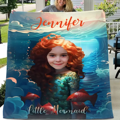 Custom Photo Name Little Mermaid Blanket, Personalized Gift for Daughter, Little Mermaid Birthday Surprise