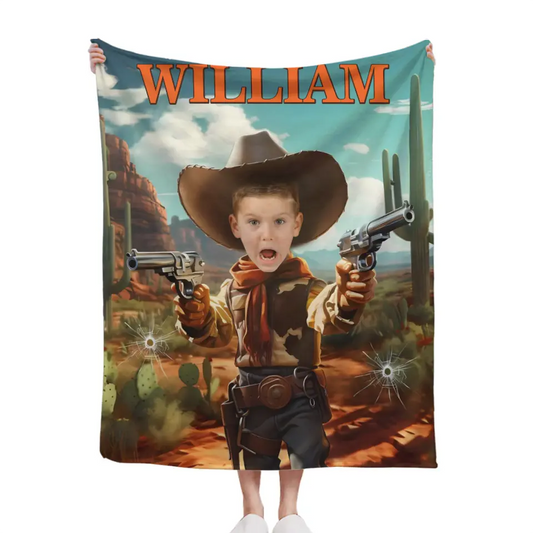 Cowboy Boys Blanket with Photo, Personalized Western Boy Blanket Custom Cowboy Gifts for Boys