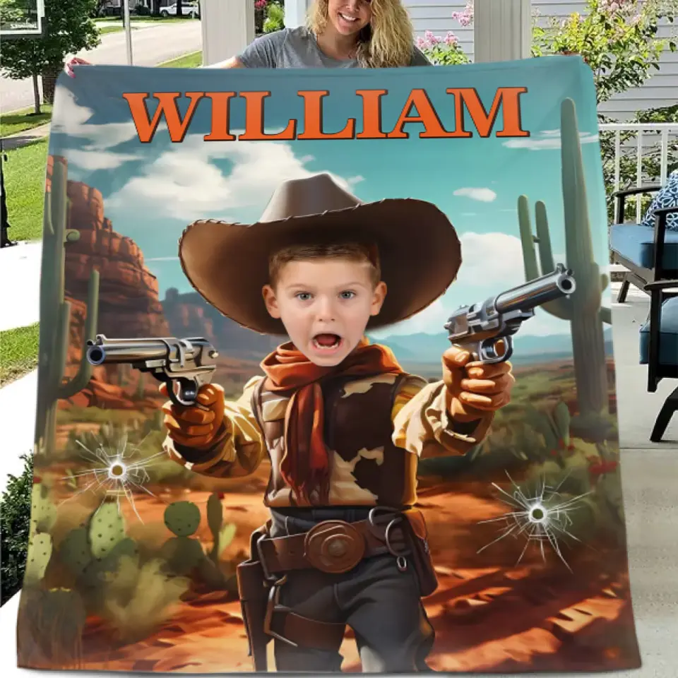 Cowboy Boys Blanket with Photo, Personalized Western Boy Blanket Custom Cowboy Gifts for Boys