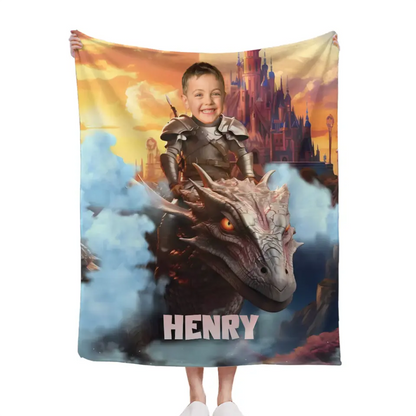 Custom Blankets Little Knight and Dragon Photo Gift, Boys Name Blanket