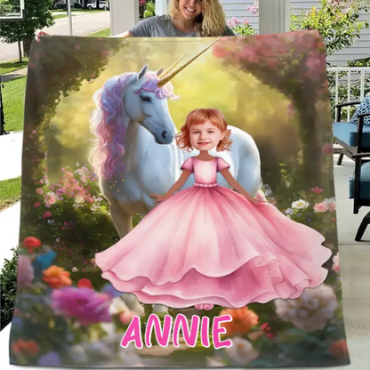 Custom Name Photo Blanket Personalized Colorful Princess and Unicorn Blanket