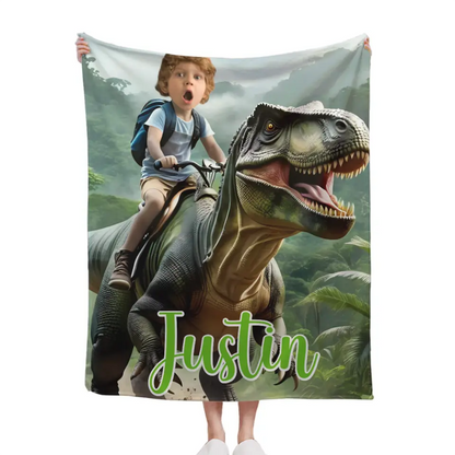 Custom Name Photo Blanket Personalized Paw Boy Riding Dinosaur Blanket