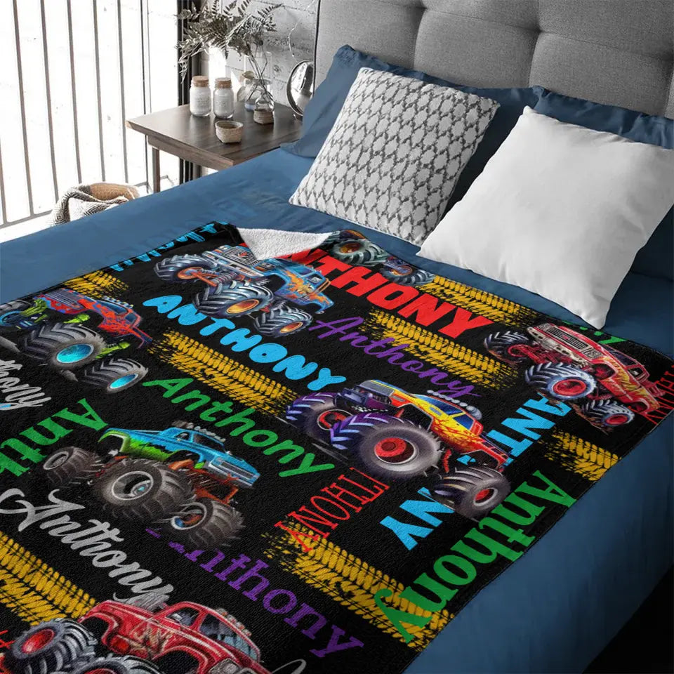 Monster Trucks Cars Motorcycles Collection - Customized Kids Name Blanket