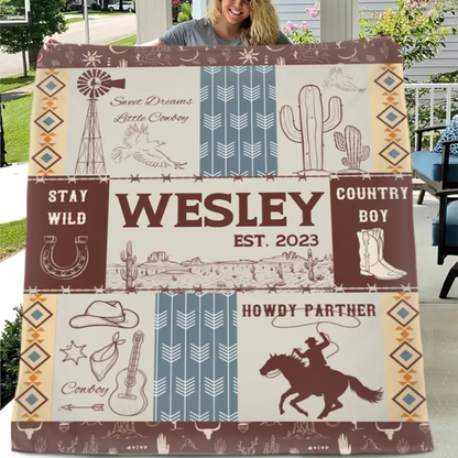 Western Kids Name Custom Cowboy Blanket, Customized 1st Birthday Gift