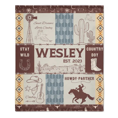 Western Kids Name Custom Cowboy Blanket, Customized 1st Birthday Gift