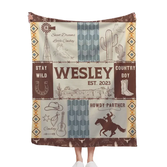 Western Kids Name Custom Cowboy Blanket, Customized 1st Birthday Gift