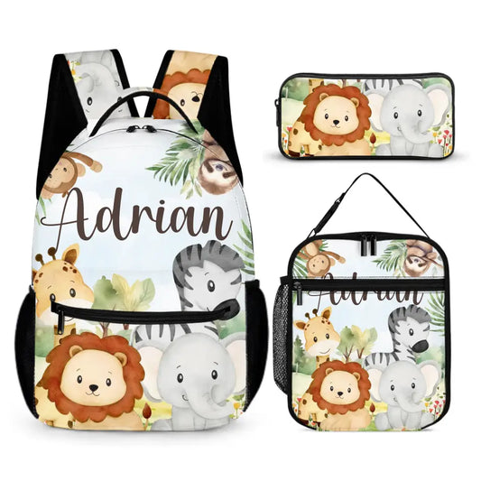 Personalized Custom Name Backpack - Jungle Greenery Leaves Forest Safari Animals