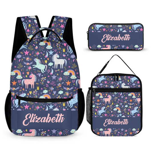 Personalized Custom Name Backpack - Clouds Raindrops Rainbow Stars Unicorn