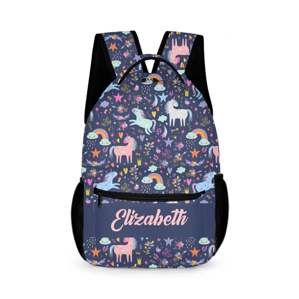 Personalized Custom Name Backpack - Clouds Raindrops Rainbow Stars Unicorn