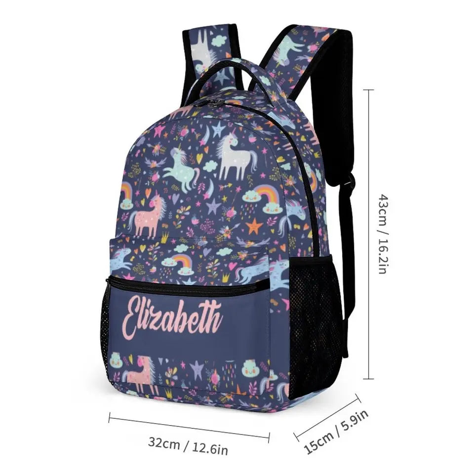 Personalized Custom Name Backpack - Clouds Raindrops Rainbow Stars Unicorn