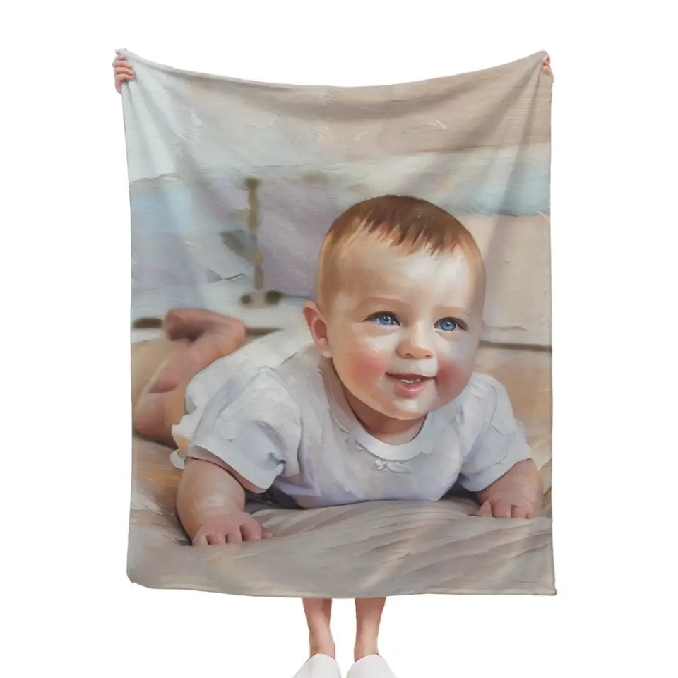 Personalized Baby Commemorative Cute Moment Oil Painting Blanket - Upload Photo To Convert Oil Painting Effect