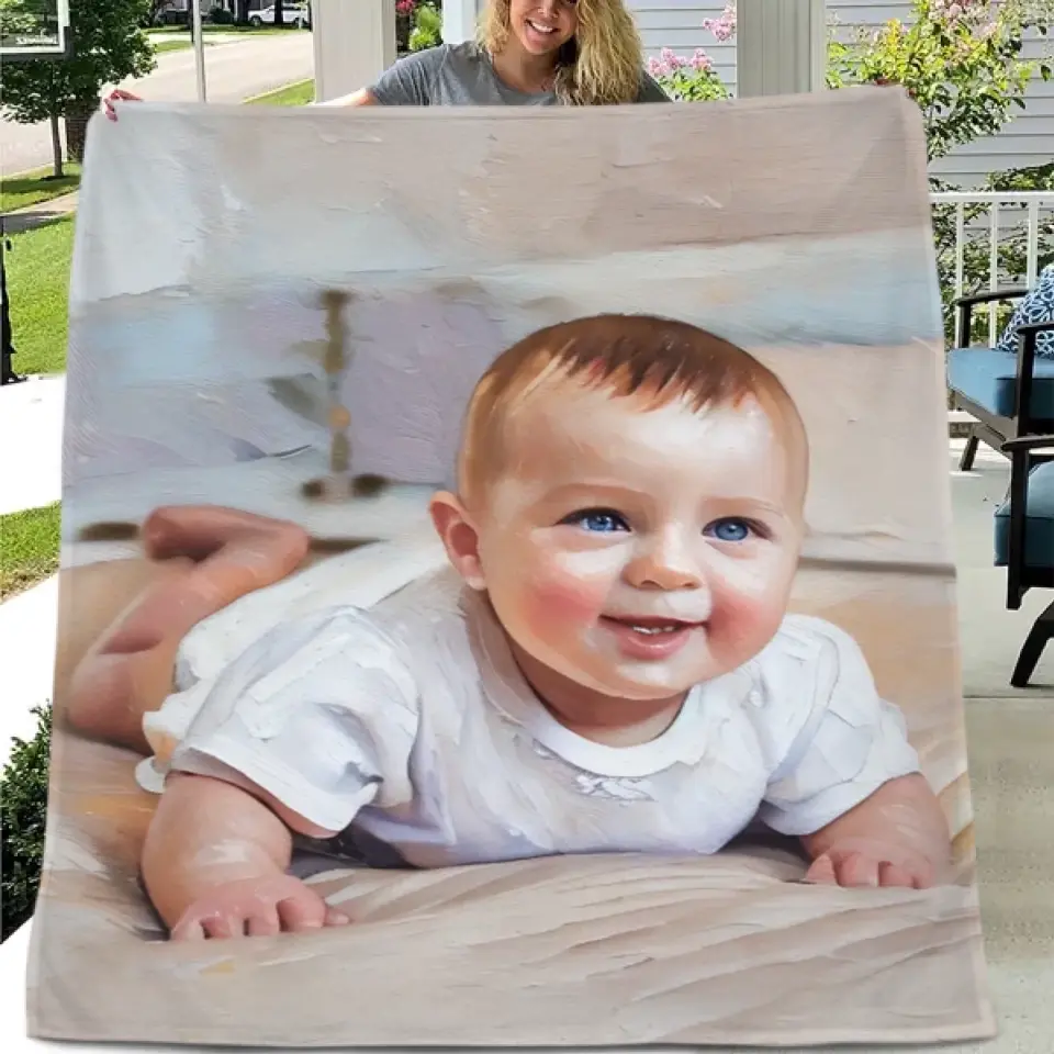 Personalized Baby Commemorative Cute Moment Oil Painting Blanket - Upload Photo To Convert Oil Painting Effect