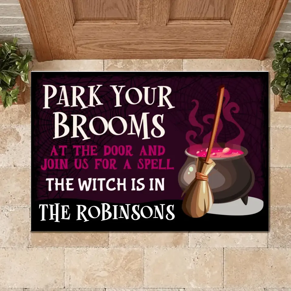 Park Your Brooms at the Door - Personalized Decorative Doormat, Halloween Gift