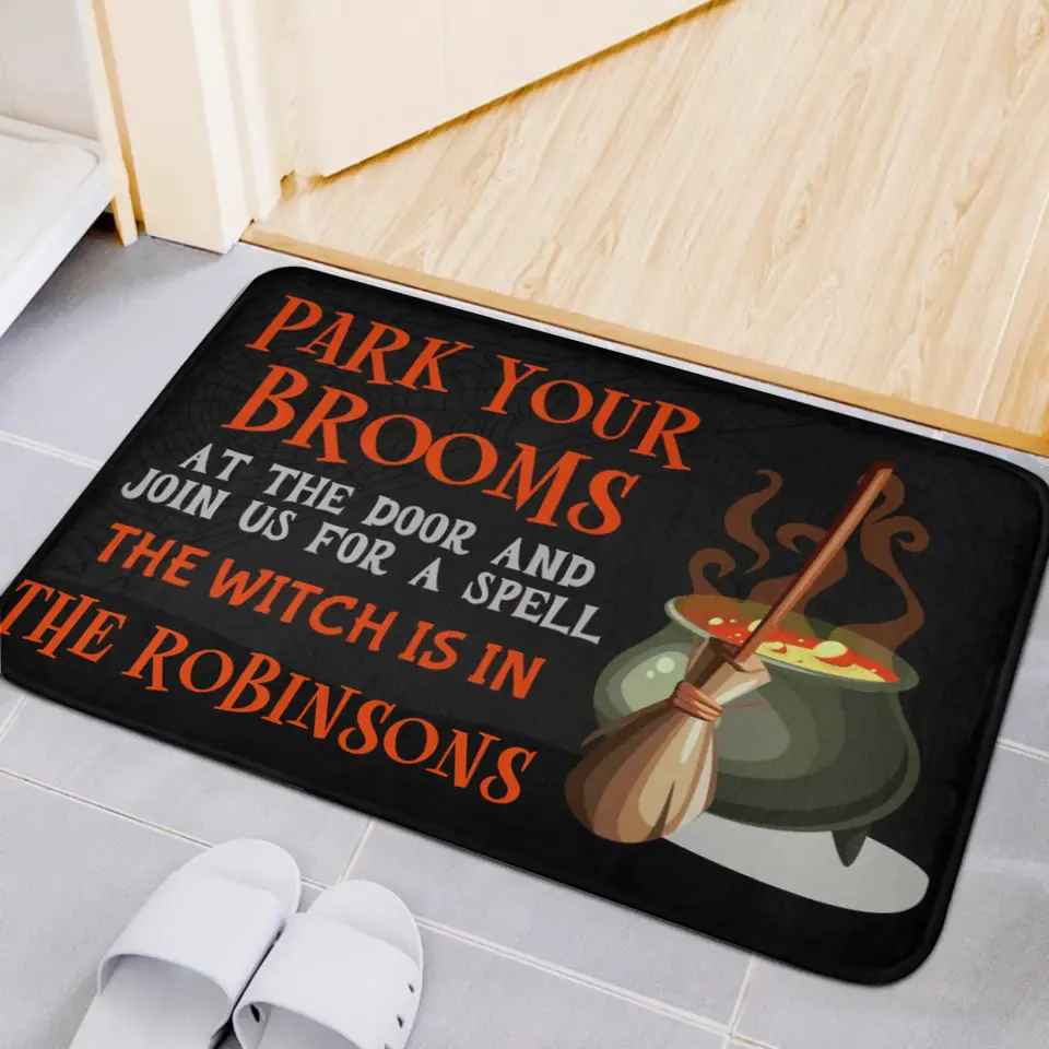 Park Your Brooms and Join Us for a Spell - Personalized Decorative Mat, Halloween Gift.