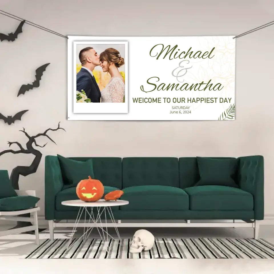 Personalized White Wedding Banner With Custom Photo And Name