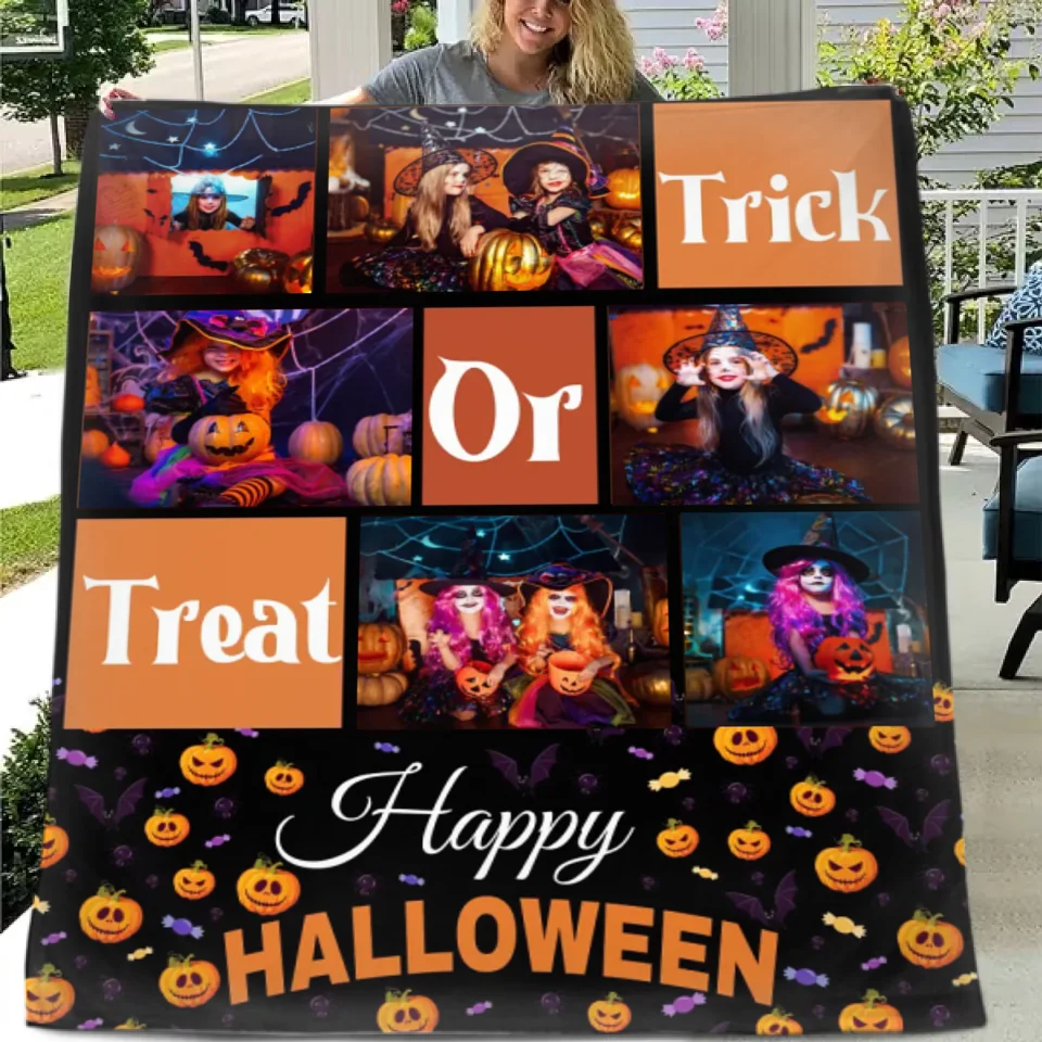 Trick Or Treat - Personalised Photo Collage Halloween Blanket - Gifts for Children,Friend,Family