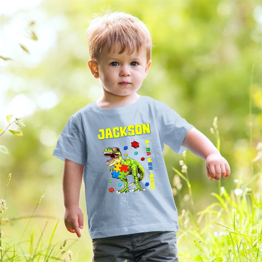 Puzzles and Dinosaurs - Personalized Name Colourful Graphic T-Shirt - A Gift for Child