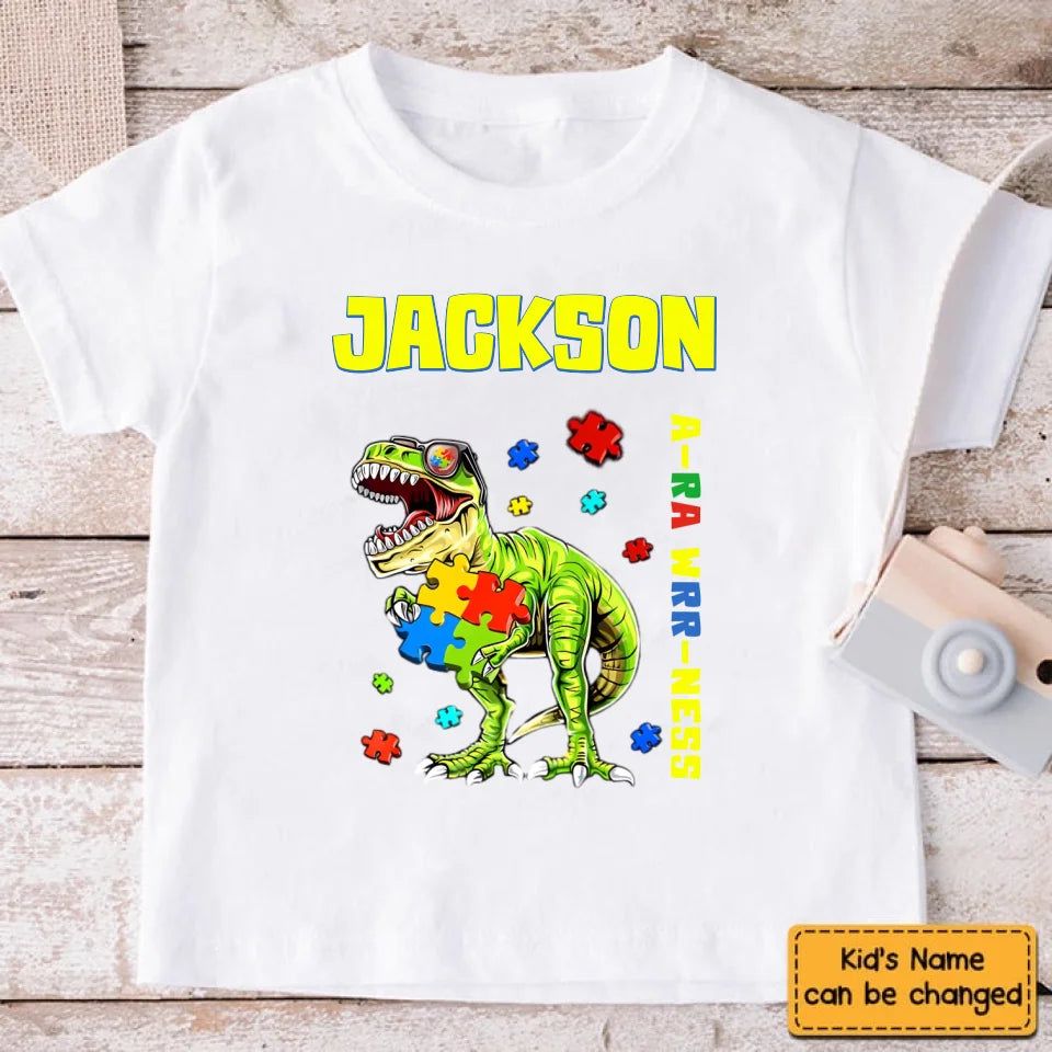 Puzzles and Dinosaurs - Personalized Name Colourful Graphic T-Shirt - A Gift for Child