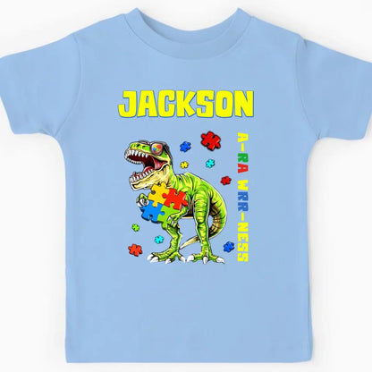 Puzzles and Dinosaurs - Personalized Name Colourful Graphic T-Shirt - A Gift for Child