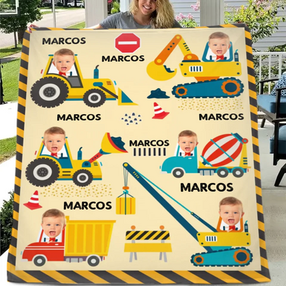 Minor Engineer - Personalised Name And Photo Construction Equipment Print Blanket - A Gift For Child
