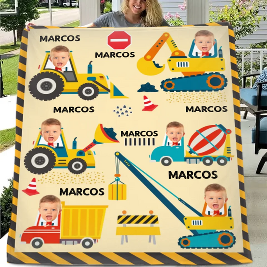 Minor Engineer - Personalised Name And Photo Construction Equipment Print Blanket - A Gift For Child
