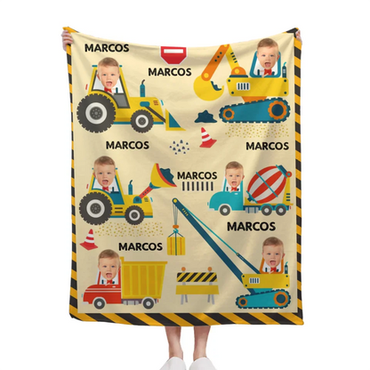 Minor Engineer - Personalised Name And Photo Construction Equipment Print Blanket - A Gift For Child