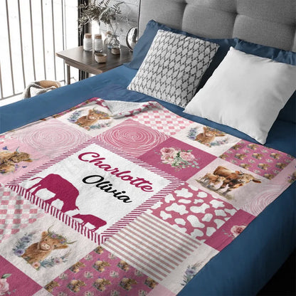 Highland Cow - Personalised Name Pinkish Purple Blanket - A Gift For Child