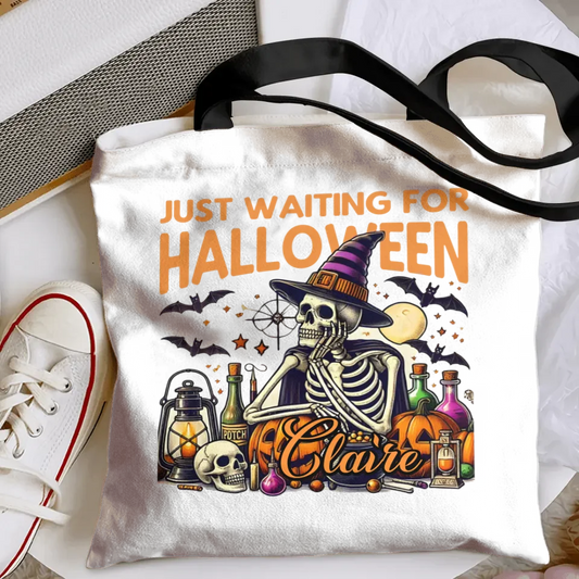 Personalized Just Waiting For Halloween Pumpkin Skull Reusable Canvas Tote Bag with Name Halloween Gift for Friend Family