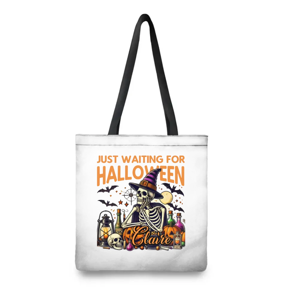 Personalized Just Waiting For Halloween Pumpkin Skull Reusable Canvas Tote Bag with Name Halloween Gift for Friend Family