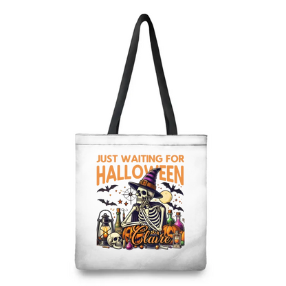 Personalized Just Waiting For Halloween Pumpkin Skull Reusable Canvas Tote Bag with Name Halloween Gift for Friend Family