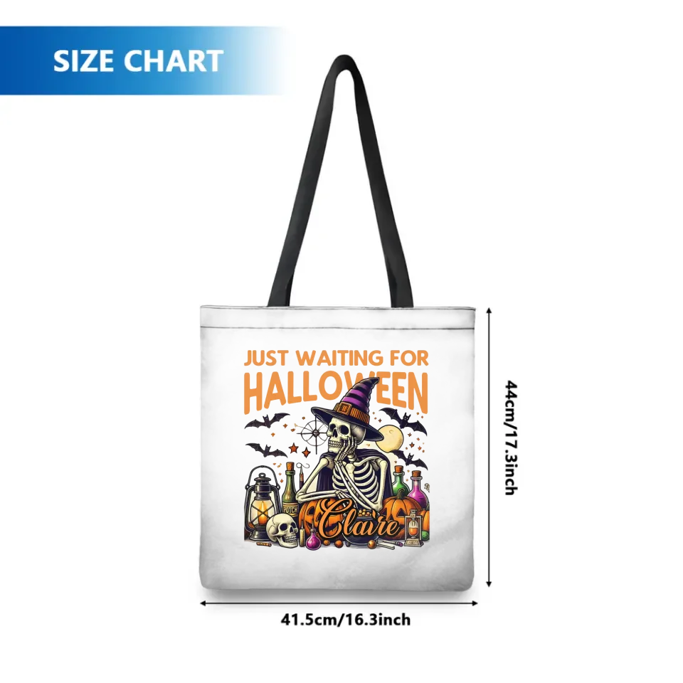 Personalized Just Waiting For Halloween Pumpkin Skull Reusable Canvas Tote Bag with Name Halloween Gift for Friend Family