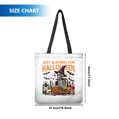 Personalized Just Waiting For Halloween Pumpkin Skull Reusable Canvas Tote Bag with Name Halloween Gift for Friend Family