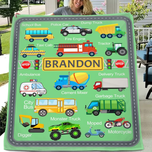 Cars, Trucks And Diggers - Personalised multicolour Blanket With Name - A Gift For Child