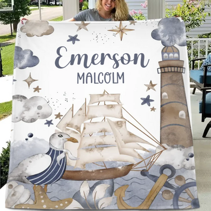 Customised Nautical Theme - Personalized Name Ocean, seagull, sailboat, lighthouse motifs Blanket - A Gift for Friend,Child,Newborn