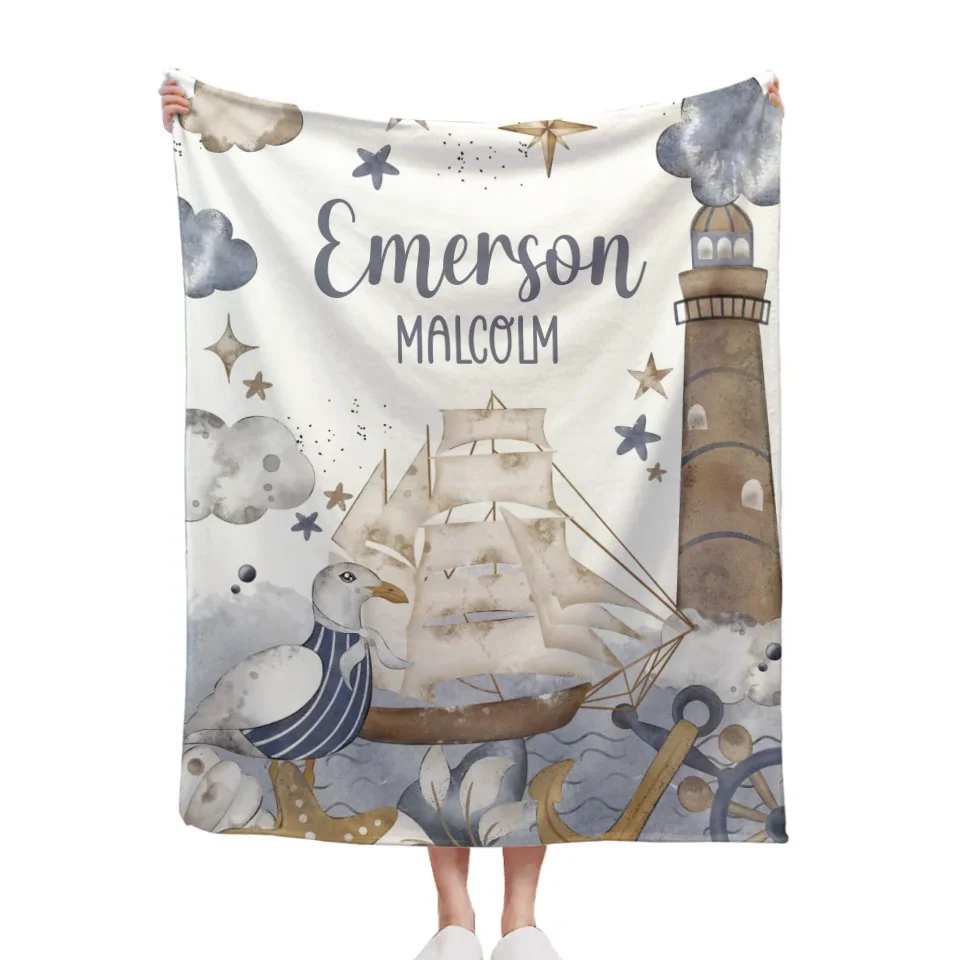 Customised Nautical Theme - Personalized Name Ocean, seagull, sailboat, lighthouse motifs Blanket - A Gift for Friend,Child,Newborn