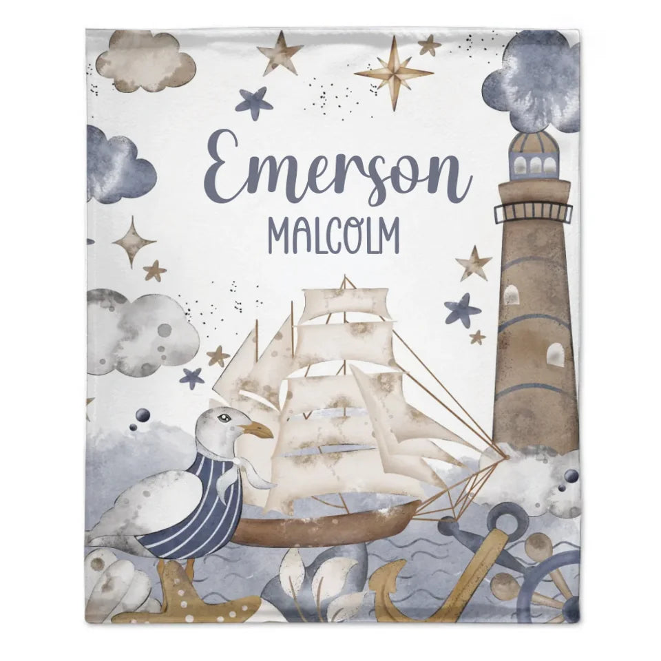 Customised Nautical Theme - Personalized Name Ocean, seagull, sailboat, lighthouse motifs Blanket - A Gift for Friend,Child,Newborn