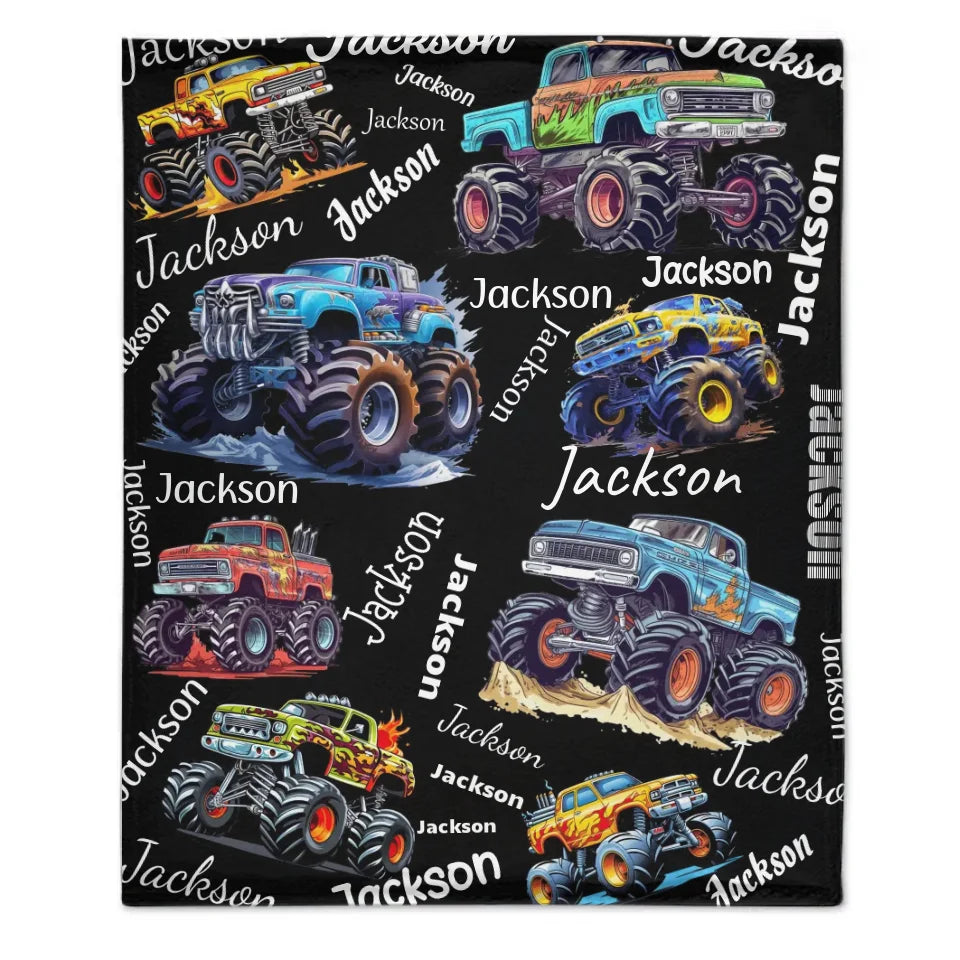 Monster Trucks Cars Motorcycles Collection - Customized Kids Name Blanket