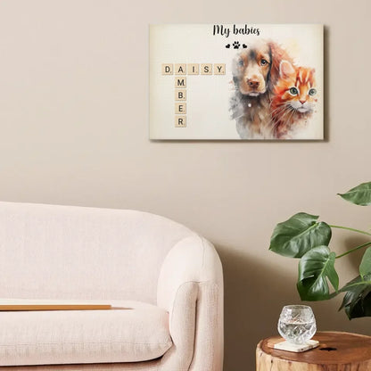 Custom Pet Wall Art - Personalized Name Crossword Puzzle And Decorative Canvas Painting With Pet Photo - Unique Gift For Pet Owner