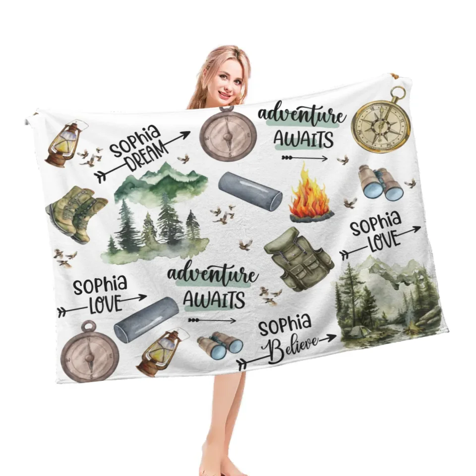 Camping Themed Customized Blankets - Personalized Name Camping Pattern Flannel Blanket - A Gift For Camping Lovers