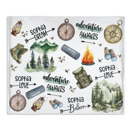 Camping Themed Customized Blankets - Personalized Name Camping Pattern Flannel Blanket - A Gift For Camping Lovers