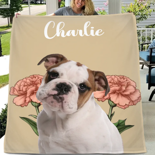 Customized Pet Portrait Blanket - Personalized Pet Name, Photo and Birthday Flower Flannel Blanket - Warm Gift For Pet Owners,pet Lovers